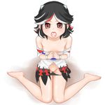  bare_shoulders black_hair breasts cum cum_in_mouth dress highres horns kijin_seija knees_together_feet_apart maa_(maa1) multicolored_hair off_shoulder panties panty_pull red_eyes restrained short_dress small_breasts solo torn_clothes torn_dress touhou underwear white_dress 