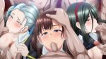  3girls :&gt;= areolae blue_eyes blush braid breasts brown_hair butcha-u censored fellatio game_cg green_hair grey_hair group_sex hairband highres ijuuin_maya kurosu_reina long_hair medium_breasts meikoku_gakuen_taidou_hen mosaic_censoring multiple_girls nipples oral orgy original paizuri penis red_eyes school_uniform shirt_lift short_hair standing teikei_rio twin_braids twintails 