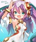  :d armpits blush bracelet covered_navel covered_nipples detached_sleeves hair_ribbon jewelry lakshmi_(p&amp;d) long_hair marshmallow_mille open_mouth purple_hair puzzle_&amp;_dragons ribbon smile solo twitter_username two_side_up upper_body very_long_hair 
