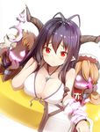  antenna_hair bikini black_hair blush breasts cleavage collarbone commentary_request danua draph frown granblue_fantasy gretel_(granblue_fantasy) hair_between_eyes hansel_(granblue_fantasy) horns jewelry large_breasts long_hair looking_at_viewer necklace pilokey pointy_ears red_eyes swimsuit white_background white_bikini 