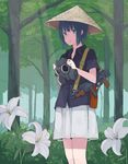  akagawa007 aks-74u assault_rifle bad_id bad_pixiv_id black_shirt blue_eyes blue_hair eyebrows eyebrows_visible_through_hair flower forest gas_mask gun hat highres lily_(flower) nature original over_shoulder rice_hat rifle shirt short_sleeves skirt solo weapon weapon_over_shoulder 