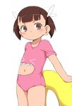  blush brown_eyes brown_hair bubukka character_request eyebrows eyebrows_visible_through_hair navel pink_swimsuit short_hair short_twintails simple_background solo swimsuit twintails white_background 
