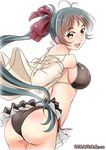  2016 ahoge ass bare_shoulders bikini black_bikini bow breasts bright_background dated dress_shirt from_behind green_eyes green_hair hair_bow hair_ornament hair_ribbon irako_(kantai_collection) jacket kantai_collection large_breasts long_hair long_sleeves looking_at_viewer looking_back mokerou off_shoulder open_mouth ponytail ribbon shirt smile solo swimsuit twitter_username undressing 