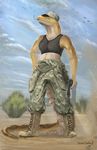  clothed clothing day female gun hand_on_hip hat holding_object holding_weapon outside python ranged_weapon reptile scalie sky snake solo standing themefinland tongue weapon yellow_skin 