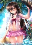  bikini bikini_skirt black_hair brown_eyes dress_shirt flower hibiscus highres innertube ks long_hair palm_tree shakugan_no_shana shana shirt solo standing swimsuit tree wading water wet wet_clothes 