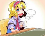  alice_margatroid ascot blonde_hair blue_eyes blue_vest blush capelet chair commentary_request cup frills hairband lolita_hairband mug open_mouth puffy_short_sleeves puffy_sleeves shinapuu short_hair short_sleeves sitting smile solo steam table touhou upper_body vest wing_collar wrist_cuffs 