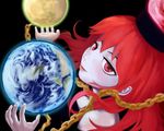  bare_shoulders black_background blush chain earth hecatia_lapislazuli highres lips long_hair maa_(maa1) moon pale_skin polos_crown red_eyes red_hair reflection solo touhou 