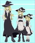  :&lt; age_progression apron asymmetrical_hair blonde_hair boots bow braid closed_mouth crossed_arms hair_bow hand_on_hip hat hat_bow kirisame_marisa kuroda_(nanchara_flight) long_hair multiple_views older parted_lips side_braid time_paradox touhou waist_apron white_bow witch_hat yellow_eyes 