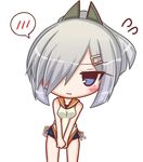  alternate_costume alternate_hairstyle bare_shoulders blue_eyes blush breasts chibi commentary_request cosplay hair_ornament hair_over_one_eye hairclip hairpin hamakaze_(kantai_collection) i-401_(kantai_collection) i-401_(kantai_collection)_(cosplay) kantai_collection komakoma_(magicaltale) large_breasts looking_at_viewer one-piece_swimsuit open_mouth ponytail sailor_collar school_swimsuit school_uniform serafuku shirt_pull short_hair short_ponytail silver_hair solo spoken_blush swimsuit swimsuit_under_clothes v_arms 