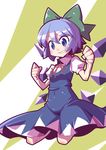  blue_dress blue_eyes blue_hair blush bow cirno dress hair_bow ice ice_wings jumping maru-sun puffy_short_sleeves puffy_sleeves short_hair short_sleeves smile solo touhou wings 