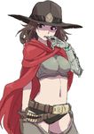  absurdres belt breasts brown_eyes brown_gloves brown_hair bullet cape cigar cowboy_shot genderswap genderswap_(mtf) gloves highres large_breasts looking_at_viewer mccree_(overwatch) mechanical_arm midriff navel open_mouth overwatch simple_background single_glove solo teeth white_background yamamoto_souichirou 