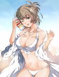  beer_can bikini blue_eyes breasts brown_hair can cleavage gradient gradient_background idolmaster idolmaster_cinderella_girls large_breasts looking_at_viewer mole mole_under_eye navel one_eye_closed short_hair smile solo swimsuit takagaki_kaede tied_hair ueda_yumehito white_bikini 