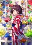  beads brown_hair chain eyebrows eyebrows_visible_through_hair flower from_side highres iwato1712 japanese_clothes kimono looking_at_viewer obi original red_eyes sash short_hair solo striped wide_sleeves yukata 