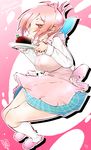  amatsuka_megumi_(gj-bu) apron blush bow breasts cake chocolate_cake folded_ponytail food futa_(ceramic_cover) gj-bu highres large_breasts long_sleeves open_mouth pink_eyes pink_hair school_uniform short_hair skirt solo 
