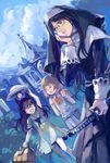  :o ame_yamori animal_ears backpack bag black_eyes black_hair brown_eyes building cloud cross day dutch_angle glasses habit hand_on_own_face hat katana multiple_girls nun pleated_skirt running skirt sky sword weapon 