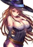  bad_id bad_pixiv_id bare_shoulders blush breasts brown_eyes brown_hair cleavage collarbone detached_sleeves dragon's_crown dress gan_(shanimuni) hat large_breasts lips long_hair looking_at_viewer side_slit simple_background smile solo sorceress_(dragon's_crown) strapless strapless_dress striped vertical_stripes white_background witch_hat 