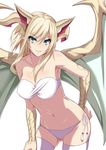  blonde_hair breasts covered_nipples cowboy_shot dragon_girl dragon_horns dragon_wings green_eyes highres horns large_breasts long_hair myr_(p&amp;d) panties puzzle_&amp;_dragons side-tie_panties solo standing thighhighs underwear underwear_only wings zeroshiki_kouichi 