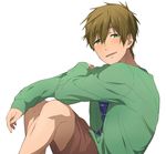  1boy blush brown_hair cardigan green_eyes high_speed! ku_(pixiv_19193156) male_focus short_hair shorts smile solo tachibana_makoto white_background 