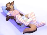  ageplay anthro applepup bedding blush brown_eyes brown_fur canine clothing diaper dog female fur legwear lying mammal pacifier paws pillow simple_background socks solo urine wet_diaper 
