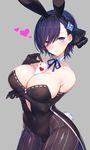  animal_ears bare_shoulders between_breasts black_legwear black_neckwear black_ribbon blue_eyes blue_hair blue_neckwear blue_ribbon blush breast_hold breasts bunny_ears bunny_tail bunnysuit card cattleya_(gothic_wa_mahou_otome) cleavage cleavage_cutout collarbone commentary_request covered_navel cowboy_shot detached_collar fake_animal_ears gothic_wa_mahou_otome grey_background hair_ribbon hairband heart inayama large_breasts looking_at_viewer neck_ribbon pantyhose playing_card ribbon short_hair smile solo striped striped_legwear tail vertical-striped_legwear vertical_stripes 