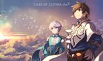  8_(yamalu) brown_hair copyright_name earrings feather_earrings green_eyes highres jewelry male_focus mikleo_(tales) multiple_boys purple_eyes sky smile sorey_(tales) tales_of_(series) tales_of_zestiria white_hair 