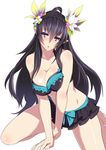  ahoge between_legs bikini black_hair blue_flower braid breast_squeeze breasts collarbone crown_braid eyebrows eyebrows_visible_through_hair flower hair_flower hair_ornament hand_between_legs head_tilt highres large_breasts long_hair persephone_(p&amp;d) pink_flower plant pointy_ears purple_eyes puzzle_&amp;_dragons sidelocks simple_background sitting solo swimsuit wariza white_background white_flower yellow_flower zeroshiki_kouichi 