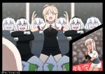  &gt;:q 6+girls achilles_(azur_lane) alternate_costume azur_lane blonde_hair engrish_commentary eyebrows_visible_through_hair glowing glowing_eyes haka_(dance) kantai_collection long_hair long_sleeves misumi_(niku-kyu) multiple_girls multiple_persona new_zealand_all_blacks open_mouth pink_eyes purple_eyes re-class_battleship ro-500_(kantai_collection) shinkaisei-kan short_sleeves sidelocks teeth tongue tongue_out white_hair 