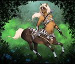  5_fingers arrow blonde_hair blue_eyes bow_(weapon) breasts brown_fur centaur day equine equine_taur female feral fur grass hair hooves looking_at_viewer mammal midriff nastywolf613 navel outside ranged_weapon solo tan_fur taur weapon 