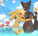  3girls artist_request bear bikini brown_eyes cat furry glasses multiple_girls open_mouth rabbit sunglasses 