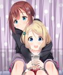  :d ayase_arisa bangs between_legs blonde_hair blue_eyes blush brown_hair cellphone curtains frown hair_ornament hairpin hood hood_down hoodie hug hug_from_behind jacket kousaka_yukiho long_sleeves love_live! love_live!_school_idol_project mad_(hazukiken) multiple_girls on_bed open_mouth phone polka_dot short_hair sitting sitting_on_bed smartphone smile yuri 