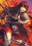  aircraft airplane akagi_(kantai_collection) bow_(weapon) highres kantai_collection long_hair simosi solo weapon 