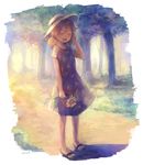  :d ^_^ artist_name bad_id bad_pixiv_id blonde_hair blush closed_eyes dress floral_print flower full_body grass hair_between_eyes hat highres holding holding_flower miu_pachi open_mouth original outdoors path road sandals short_sleeves smile solo standing tree twintails 