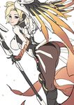  ass blonde_hair blue_eyes bodysuit breasts gloves headgear large_breasts leaf98k looking_at_viewer mechanical_halo mechanical_wings mercy_(overwatch) overwatch pantyhose smile solo staff white_background wings 