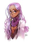  1girl bindi closed_mouth dark_skin earrings facial_mark fate/extra fate_(series) forehead_mark glasses jewelry labcoat ladugard lavender_hair long_hair petite purple_eyes rani_viii simple_background small_breasts upper_body v-neck wavy_hair white_background 