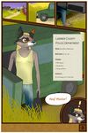  2016 absurd_res anthro canine car clothed clothing comic digital_media_(artwork) dog fur german_shepherd hi_res hybrid jaxneesen mammal maxwell outside raccoon ranch road sky tree vehicle 