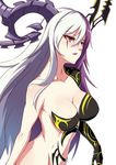  breasts collarbone facial_mark hel_(p&amp;d) highres horns large_breasts long_hair multicolored_hair navel open_mouth purple_hair puzzle_&amp;_dragons simple_background solo two-tone_hair upper_body white_background white_hair yellow_eyes zeroshiki_kouichi 