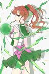  1girl absurdres bishoujo_senshi_sailor_moon breasts brown_hair choker circlet earring gloves green_eyes hair_bobbles kino_makoto light_smile lightning long_hair looking_at_viewer looking_back magical_girl medium_breasts ponytail ribbon sailor_jupiter school_uniform serafuku silhouette skirt sparks v_(pixiv) white_background white_gloves 