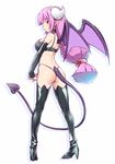  :o black_footwear boots breasts character_request choker demon_girl demon_horns demon_tail demon_wings detached_sleeves horns interlocked_fingers large_breasts long_hair looking_at_viewer looking_back low_tied_hair pink_eyes pink_hair pointy_ears simple_background solo tail thigh_boots thighhighs v_arms white_background wings yuto_(dialique) 
