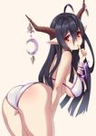  antenna_hair ass bikini black_hair blush breasts danua draph embarrassed finger_to_mouth granblue_fantasy hair_between_eyes highres horn_ornament horns jewelry large_breasts leaning_forward long_hair looking_at_viewer pointy_ears red_eyes solo swimsuit thighs white_bikini zeroshiki_kouichi 