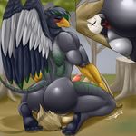  2016 ambiguous_gender anal anthro anus avian backsack balls beak big_butt bird black_feathers black_fur black_skin blush brown_fur butt detailed_background digital_media_(artwork) duo erection eyes_closed facesitting feathered_wings feathers forest fur girokett green_hair gryphon hair interspecies invalid_tag kneeling licking male male/ambiguous muscular muscular_male nature nude open_mouth oral outside owl penis rimming sex signature tongue tongue_out toumak_(character) tree white_feathers wings 