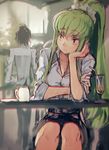  back black_hair breasts c.c. chin_rest cleavage code_geass creayus cup drinking_glass drinking_straw green_hair high_ponytail lelouch_lamperouge long_hair medium_breasts pencil_skirt sitting sketch skirt smile yellow_eyes 