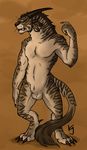  2013 animal_genitalia anthro armpits balls charr claws fangs feline fluffy fluffy_tail fully_sheathed guild_wars horn khurje male mammal multi_ear nude pose sheath simple_background solo standing stripes video_games yellow_eyes 
