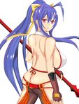  1girl antenna_hair arc_system_works ass back backless_outfit bare_shoulders blazblue blazblue:_central_fiction blazblue_variable_heart bow breasts butt_crack fingerless_gloves frown genderswap gloves hair_bow halter_top halterneck ksg large_breasts long_hair looking_at_viewer mai_natsume no_bra no_panties pants pink_eyes ponytail ribbon shiny shiny_hair shiny_skin sideboob skin_tight solo spear very_long_hair weapon 
