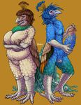  anthro avian balls beak big_breasts bird blue_eyes blue_feathers blush breasts brown_background brown_feathers bubonikku censored duo feathers female green_feathers huge_breasts huge_penis male nipples overweight overweight_female peafowl penis red_eyes signature simple_background smile standing talons tan_feathers wings 