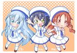  beret blue_eyes blue_hair chimame-tai com_(chocolate_blossom) gochuumon_wa_usagi_desu_ka? group_name hair_ornament hairclip hat jouga_maya kafuu_chino kafuu_chino's_school_uniform long_hair multiple_girls natsu_megumi red_eyes red_hair school_uniform smile twintails white_hat 