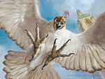  avian beak bird blindfold building dutch_angle falconry_hood feral hood lars_grant-west magic_the_gathering official_art open_mouth signature spread_wings talonms url wings 