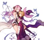  bare_shoulders black_gloves black_legwear blonde_hair blue_eyes breasts bug butterfly closed_mouth djeeta_(granblue_fantasy) draph dress fingerless_gloves gloves granblue_fantasy hair_ornament hair_over_one_eye hairband hat hat_removed headwear_removed holding holding_sword holding_weapon horns insect large_breasts long_hair low-tied_long_hair multiple_girls narmaya_(granblue_fantasy) natsumoka pink_hair pointy_ears sailor_collar short_dress short_sleeves simple_background sword thigh_strap thighhighs warlock_(granblue_fantasy) weapon white_background white_gloves wizard_hat yellow_eyes zettai_ryouiki 