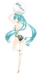  :/ :t absurdres aqua_eyes aqua_hair arms_up ass ball breasts butt_crack closed_mouth eyebrows eyebrows_visible_through_hair full_body hair_between_eyes halterneck hatsune_miku highres holding holding_ball leg_up long_hair looking_at_viewer looking_back number nyamada simple_background small_breasts solo standing standing_on_one_leg translated very_long_hair vocaloid white_background 