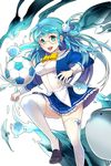  :d ball black_footwear blue_eyes blue_hair blue_skirt clenched_hand fish fish_hair_ornament gl_ztoh glasses hair_ornament highres long_hair looking_at_viewer official_art open_mouth shoes skirt smile soccer_ball soccer_spirits solo standing standing_on_one_leg thighhighs transparent_background water white_legwear yuna_(soccer_spirits) 