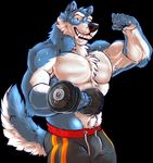  2016 5_fingers anthro biceps black_background black_nose blue_fur bulge canine chest_tuft clothed clothing digital_media_(artwork) dumbbell exercise flexing front_view fur hi_res hukkahurja looking_at_viewer male mammal multicolored_fur muscular muscular_male pecs portrait shorts simple_background smile solo sweat teeth three-quarter_portrait topless tuft two_tone_fur weightlifting weights white_fur wolf workout 